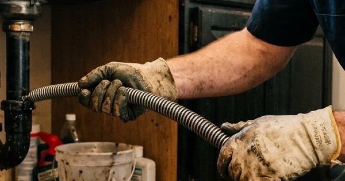 Plumber feeding a drain snake into a kitchen sink line during drain cleaning in Dallas, TX