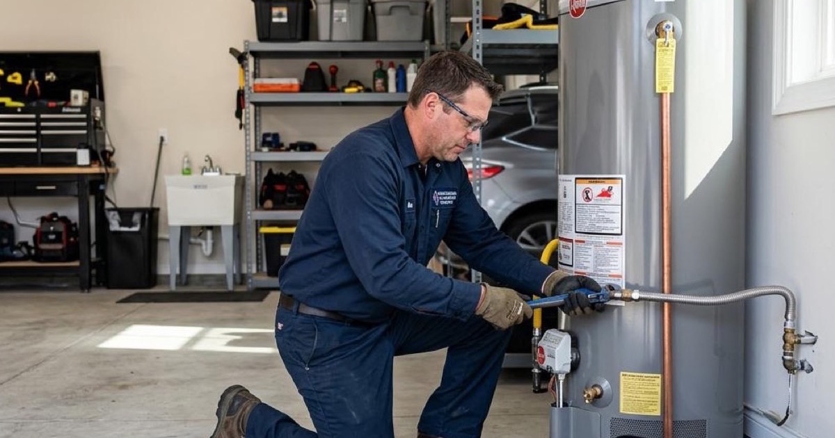 Plumber servicing a gas water heater in a Dallas, TX garage