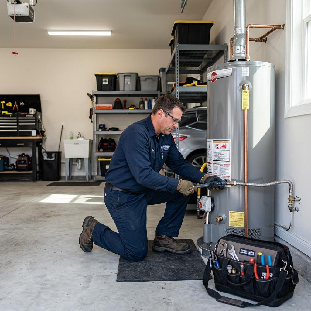 A professional plumber from Dallas Plumbers servicing a water heater on a home visit